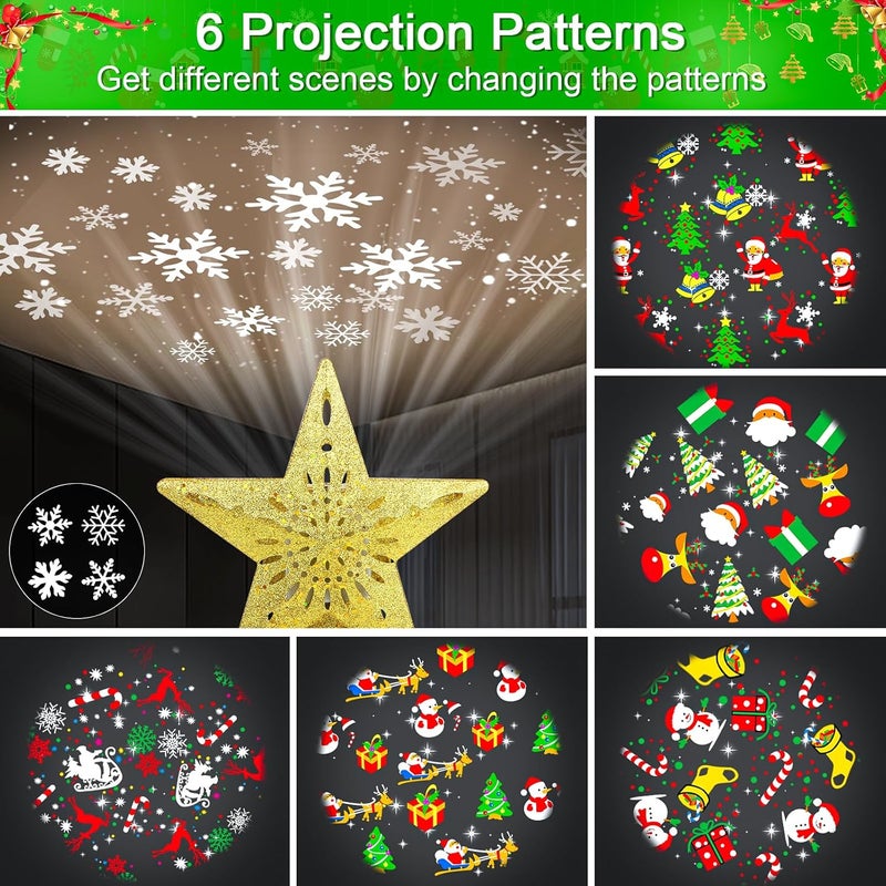 WILUX Christmas Tree Topper Projector Lights with 6 Projection Modes, Gold Star Christmas Tree Topper with Built-in LED Projector, Dynamic Projection for Christmas Party Holiday Decoration - Image 2